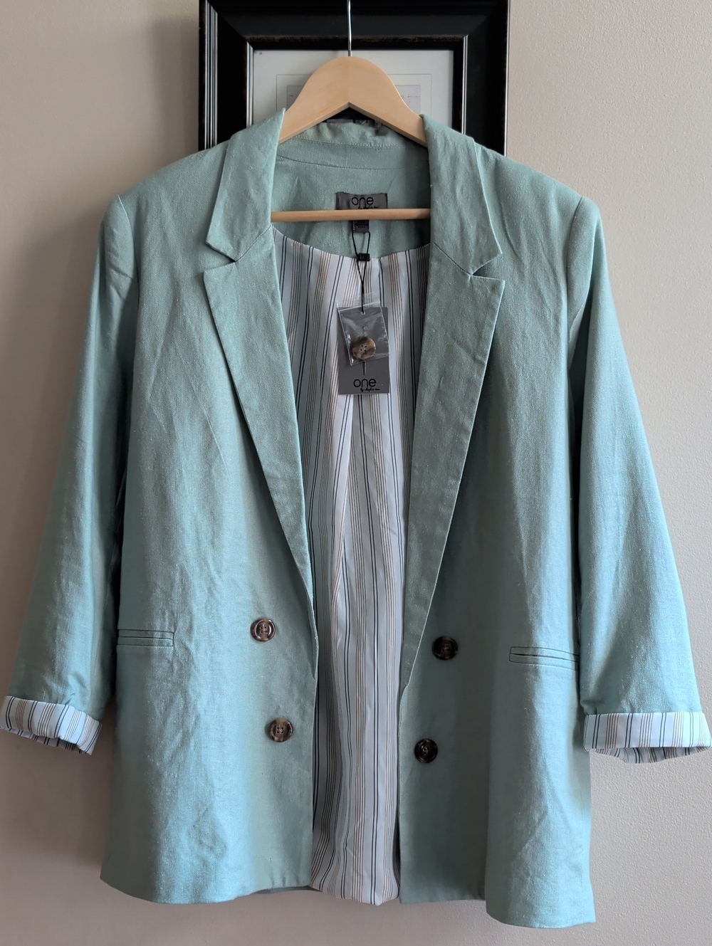 Chapter One Seafoam Linen Blend Open Blazer Jacket